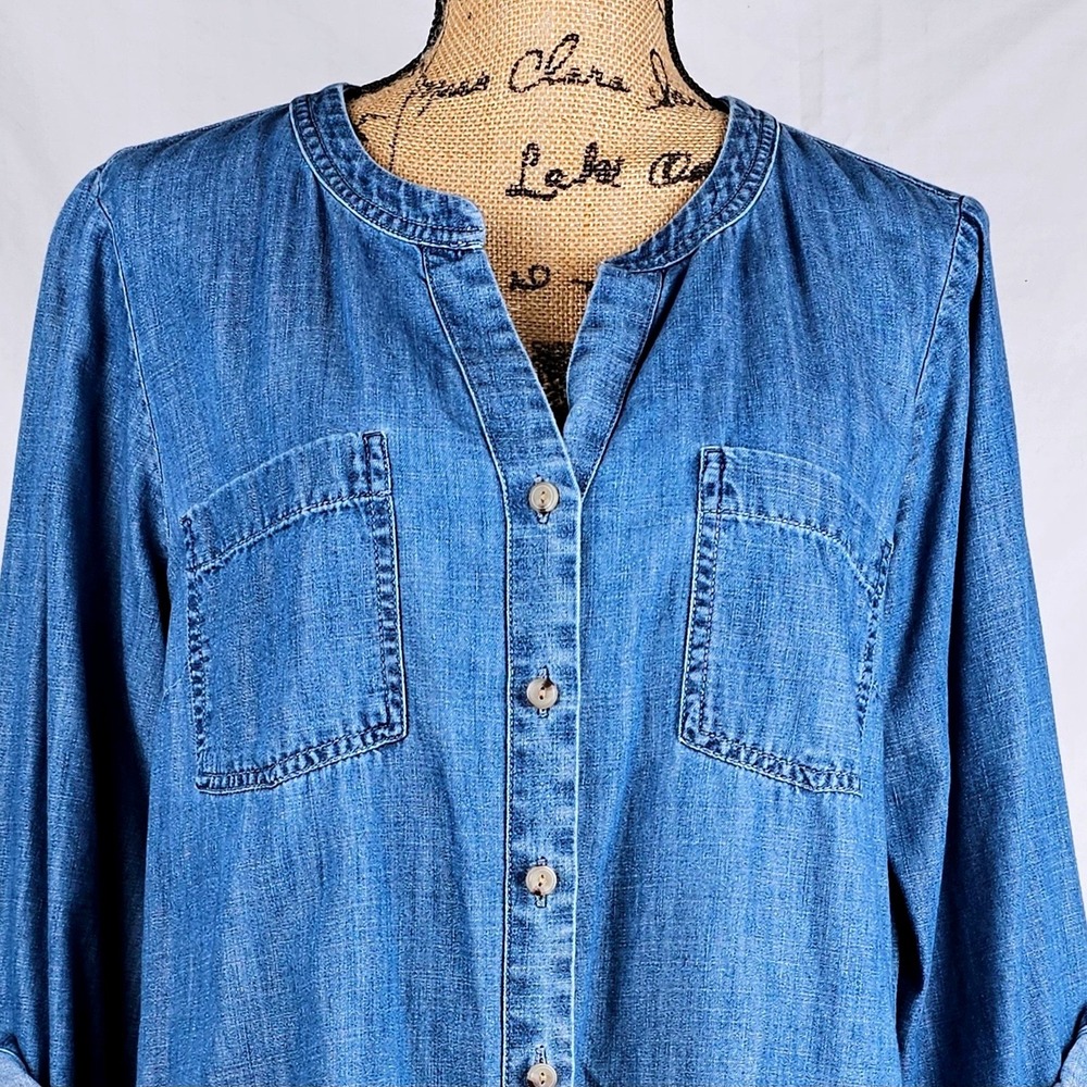 Beautiful J. Jill Denim Shirt Ombre Dip Dye Collarless Button Down Blue White M - Picture 5 of 13